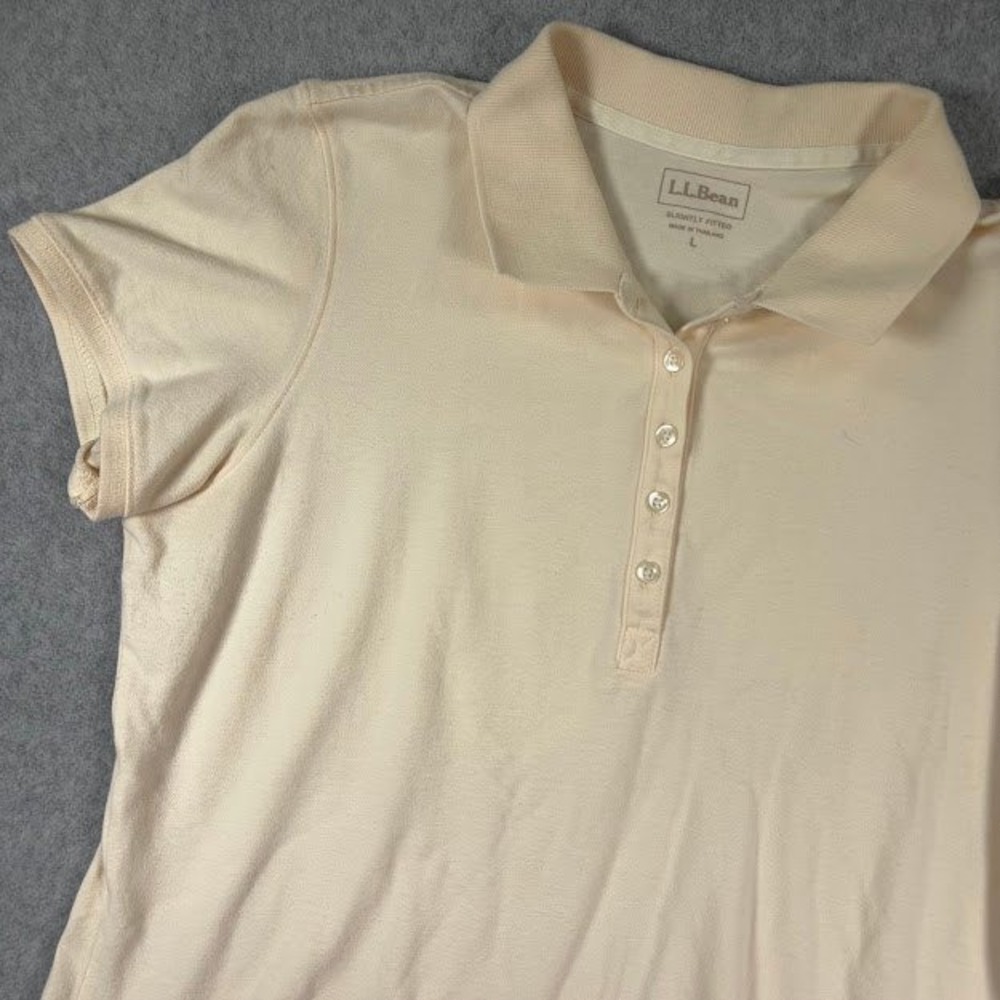 LL Bean Polo Shirt Womens Large Yellow Cream Slightly Fitted Short Sleeve